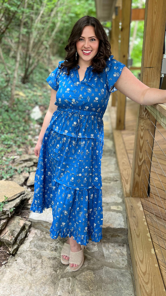 Fabulous Floral Blue Tiered Midi Dress