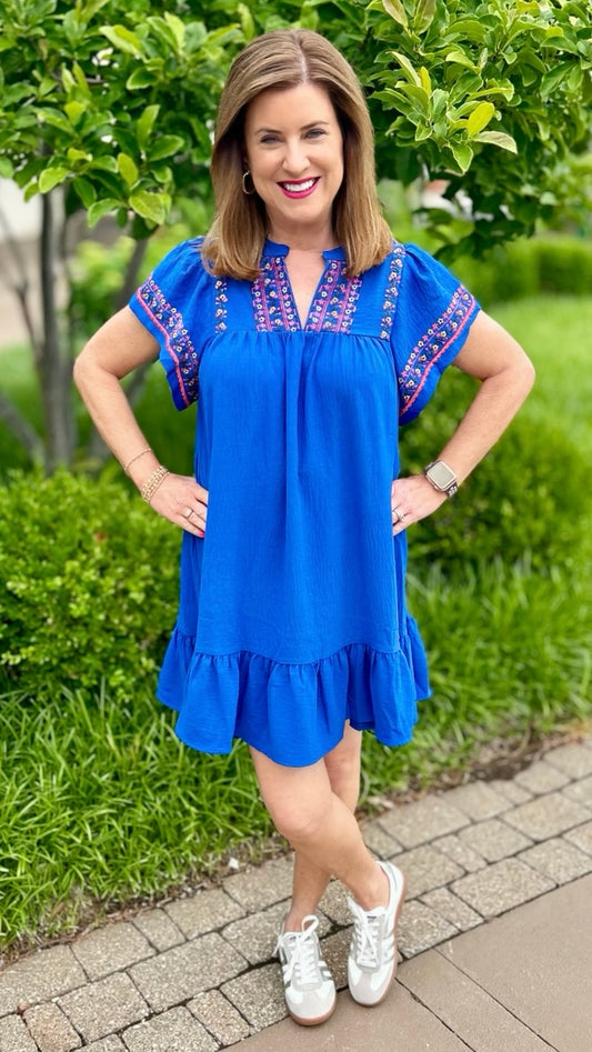 Blooming Bunches Embroidered Dress - Blue