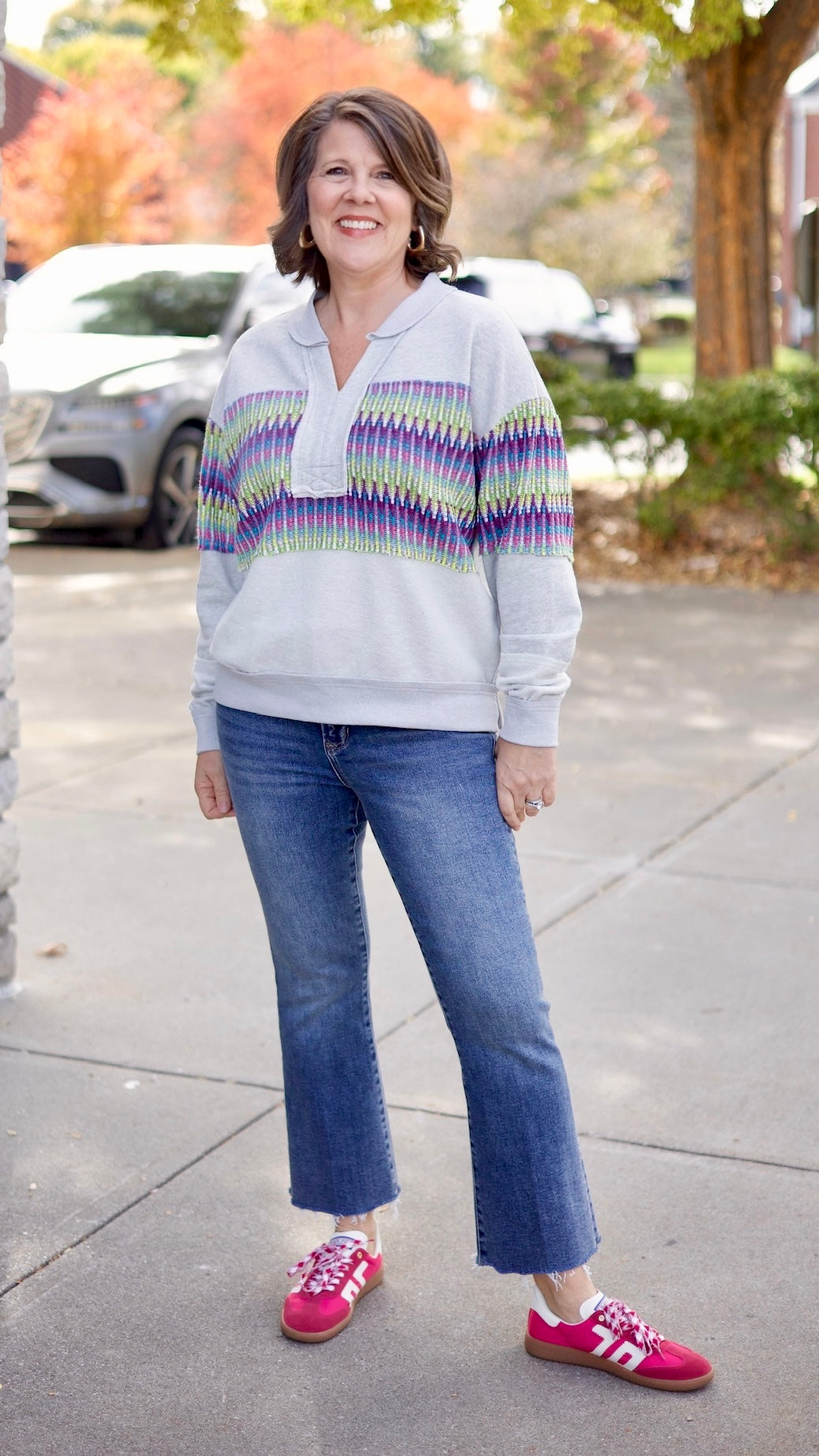 Crochet Mix Collared Sweater - Heather Grey
