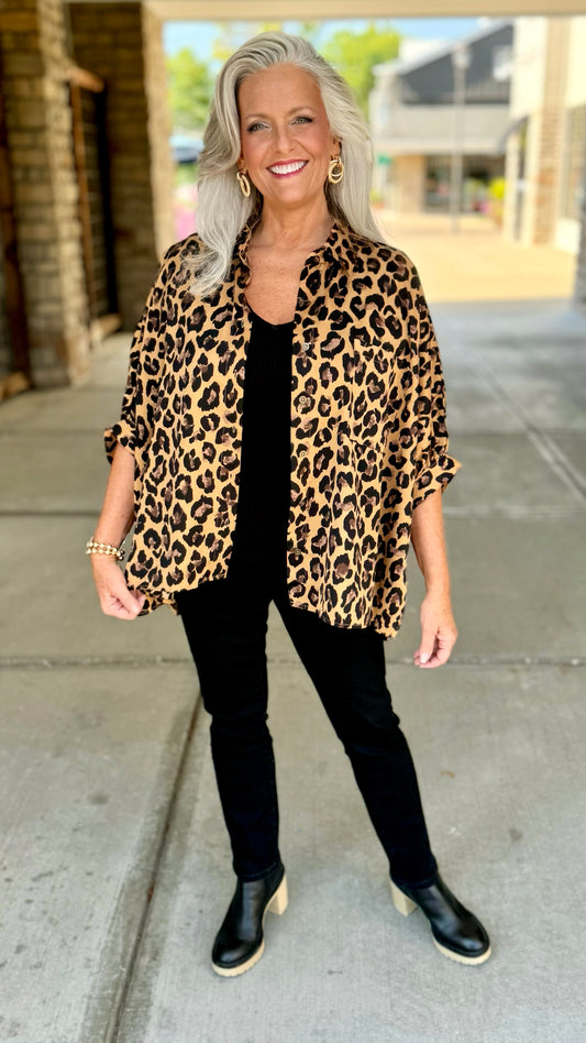Lavish Leopard Dolman Sleeve Button Blouse - Camel