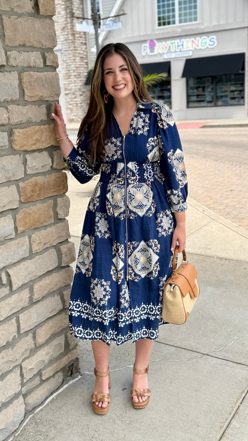 Maisie Tile Print Zipper Midi Dress - Royal