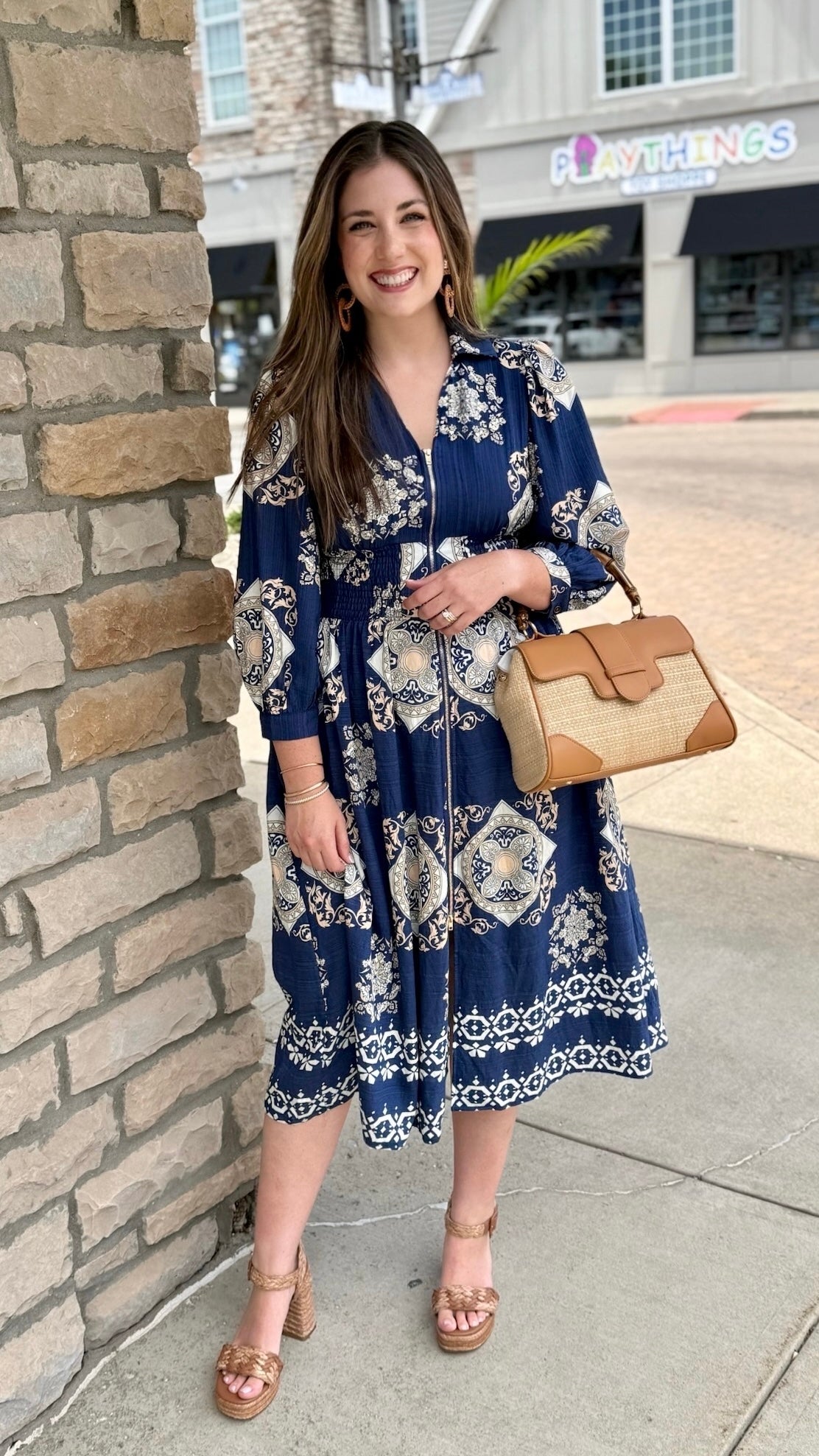 Maisie Tile Print Zipper Midi Dress - Royal