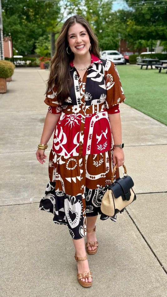 Adeline Color Block Smocked Waist Shirt Dress