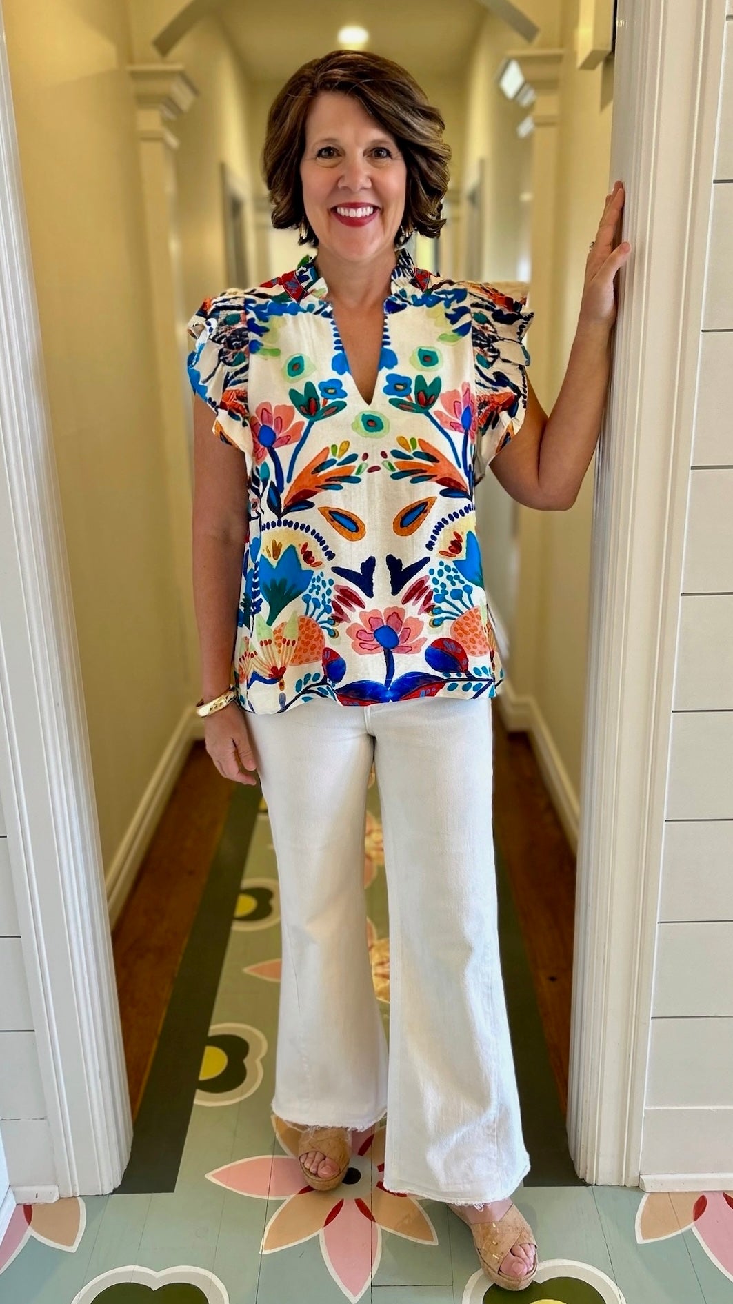 Annmarie Blue Floral Mix Ruffle Sleeve Top