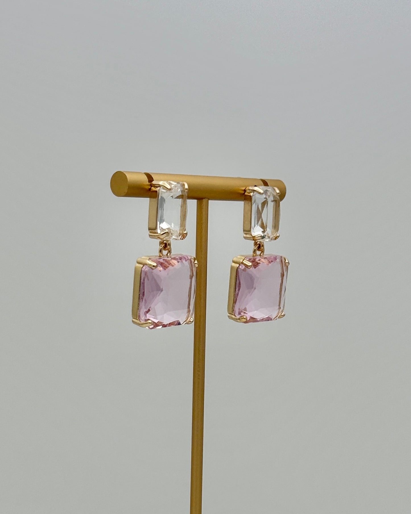 Clear & Pink Crystal Square Drop Earrings