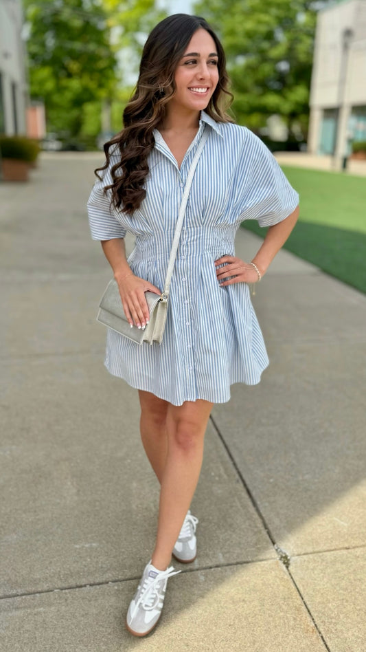 Audrey Pleated Mini Shirt Dress - Blue Stripe