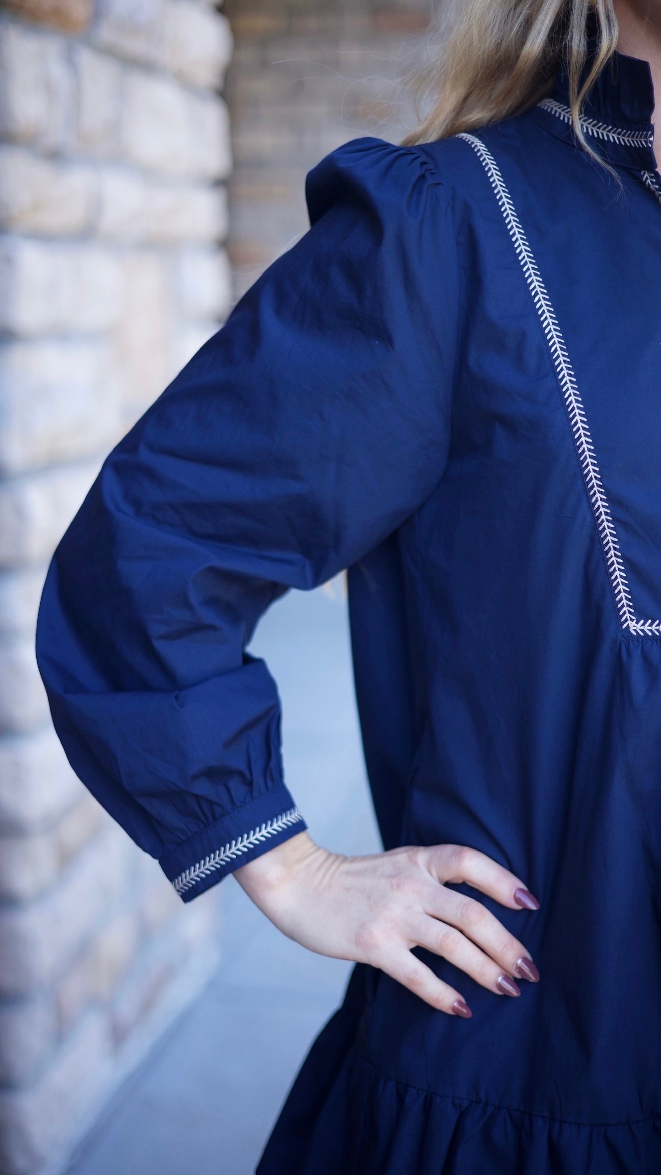 Emma Embroidered Dress - Navy