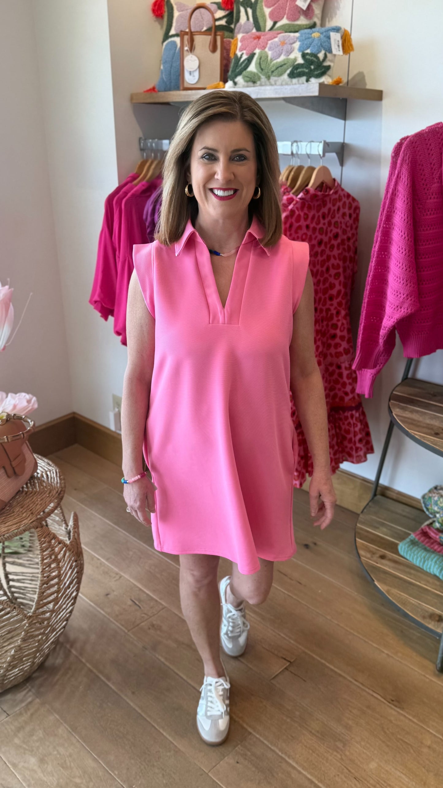 Lilian Ribbed Collard Dress - Pink