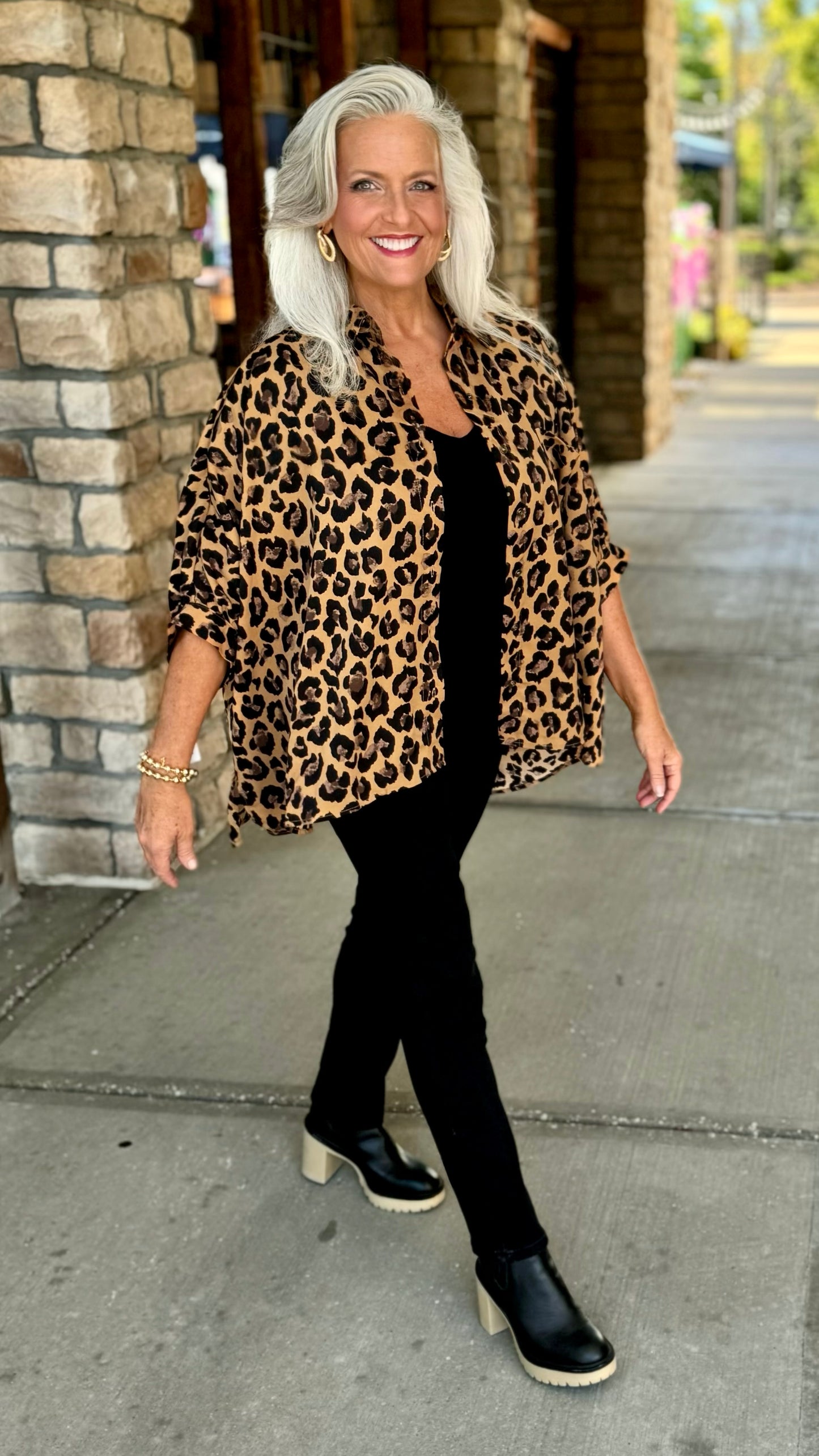 Lavish Leopard Dolman Sleeve Button Blouse - Camel