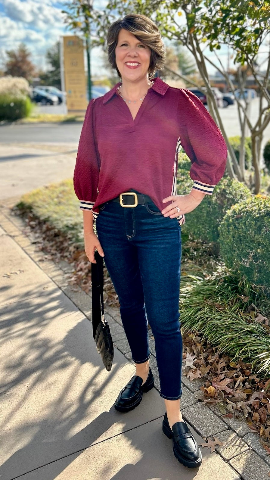 Collared Quilted Prep Stripe Top - Burgundy