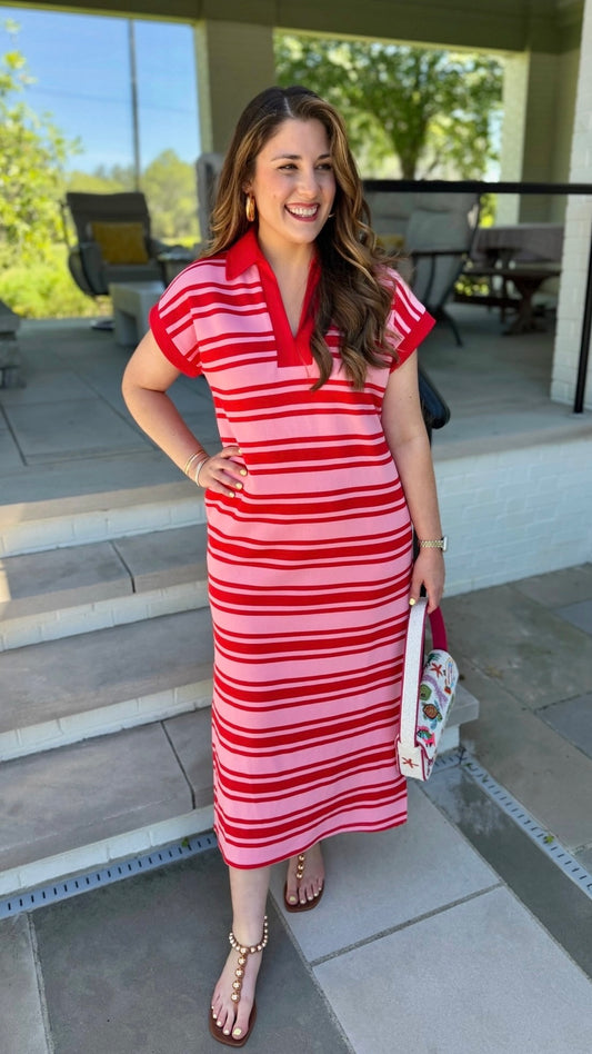 PINK WITH RED STRIPE MIDI DRESS