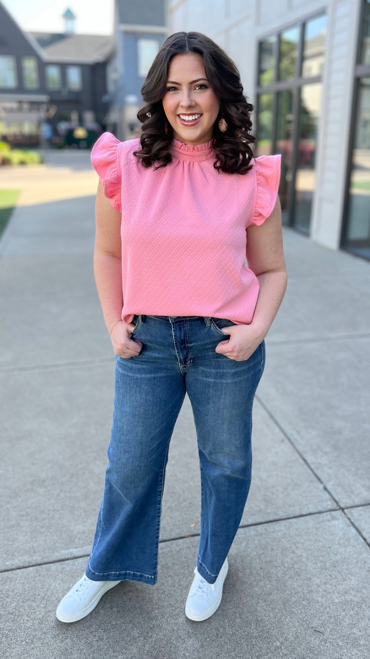 Quilted Flutter Sleeve Top - Pink
