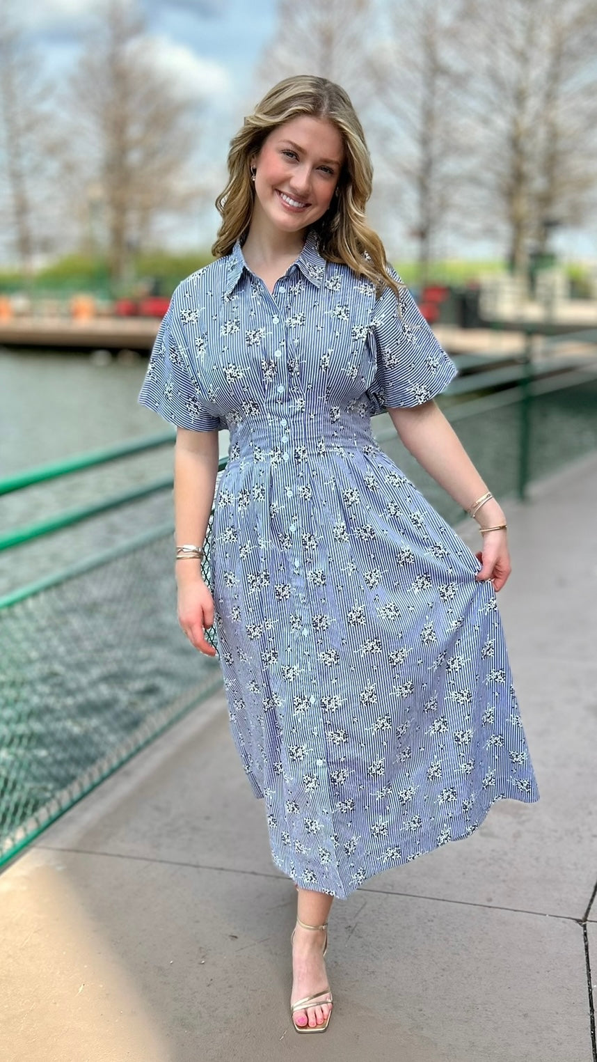Melissa Floral Midi Dress - Navy and White