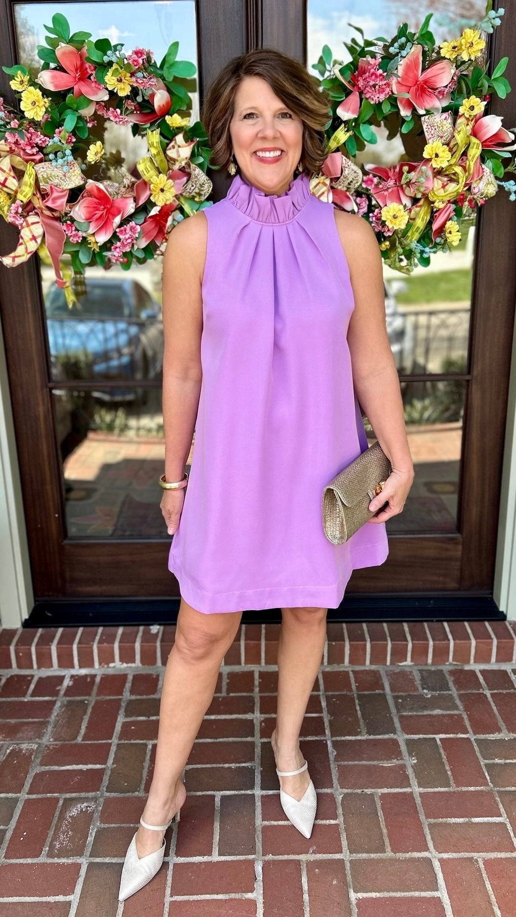 purple shift dress Ella Ruffle Neck Shift Dress