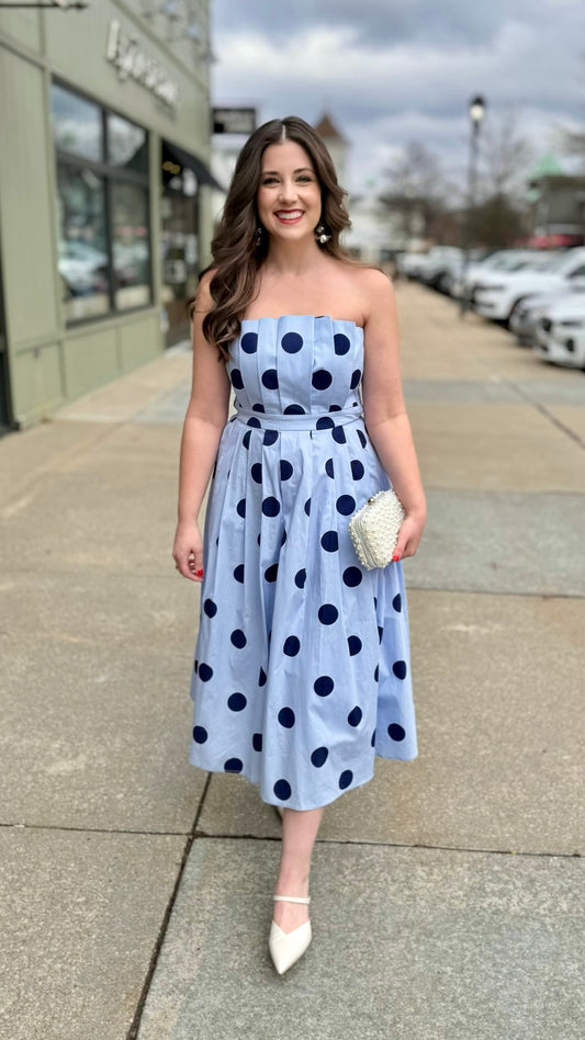 Penny Polka Dot Strapless Dress - Lt Blue/Navy