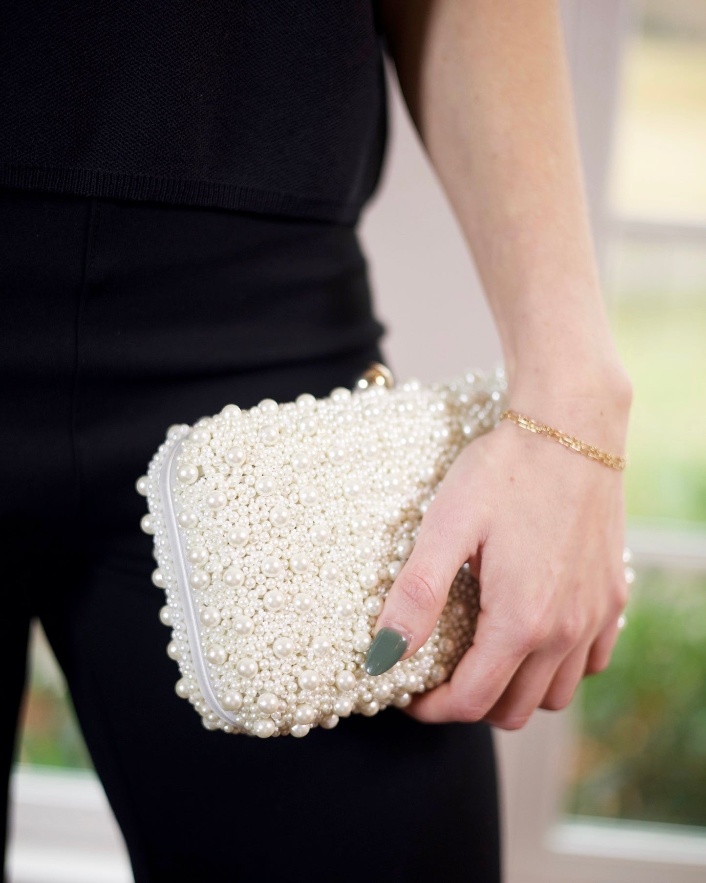 Hand Beaded Silver Pearl Clutch/ Crossbody