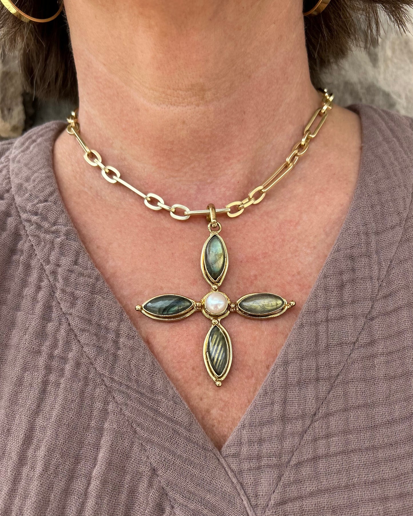 Gold Stone & Pearl Cross Necklace