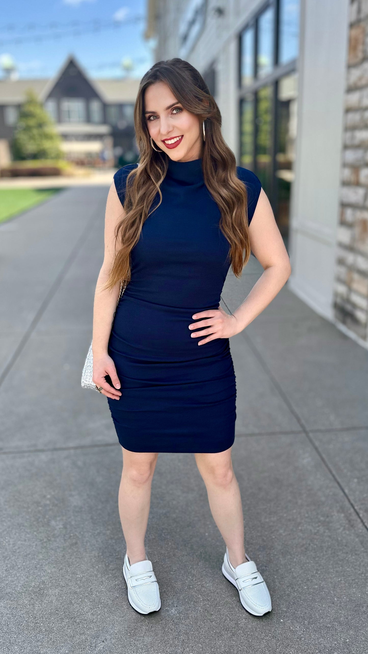 Michael Stars Gia Ribbed Power Shoulder Dress - Navy