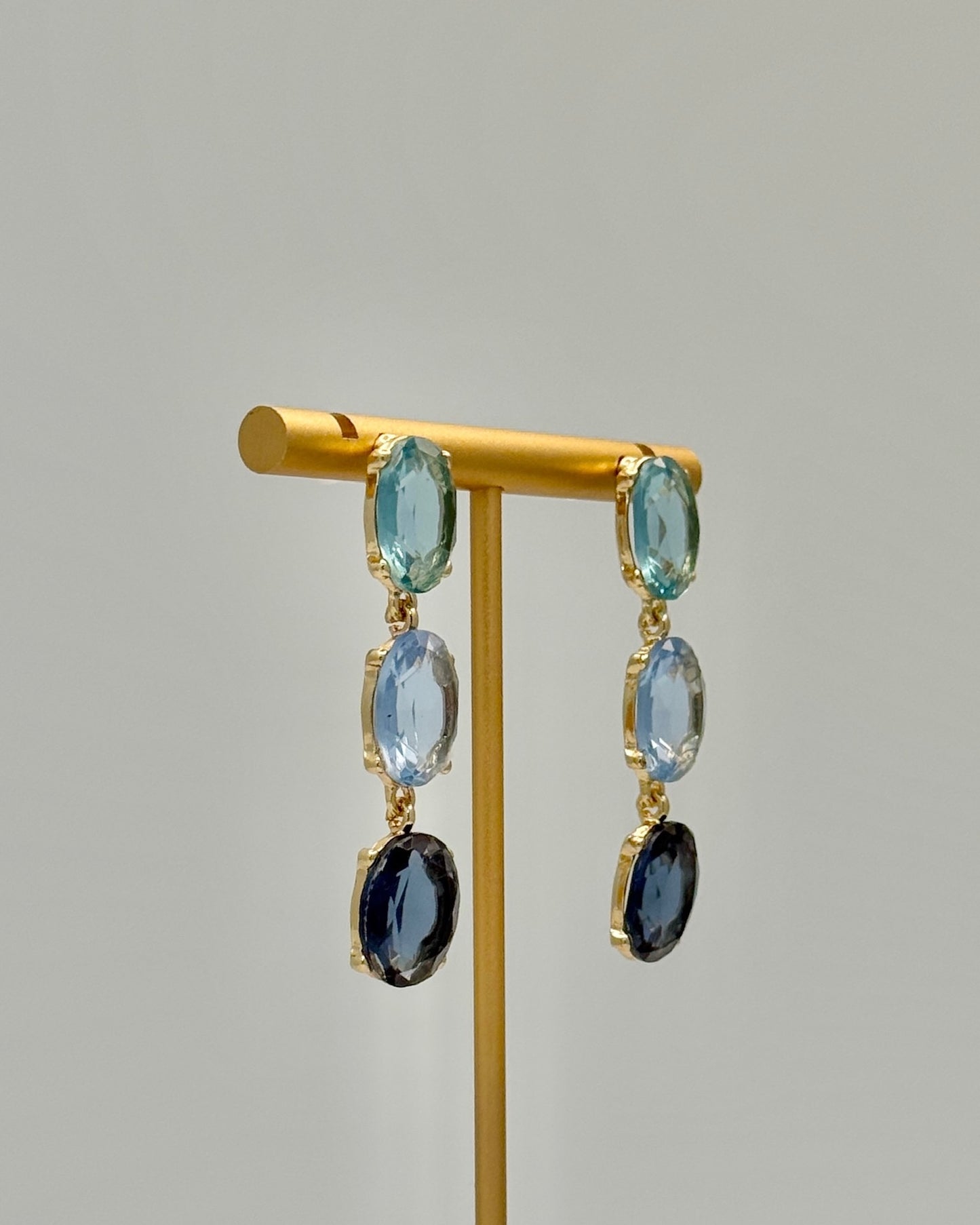 3 Drop Oval Crystal Earrings - Blue