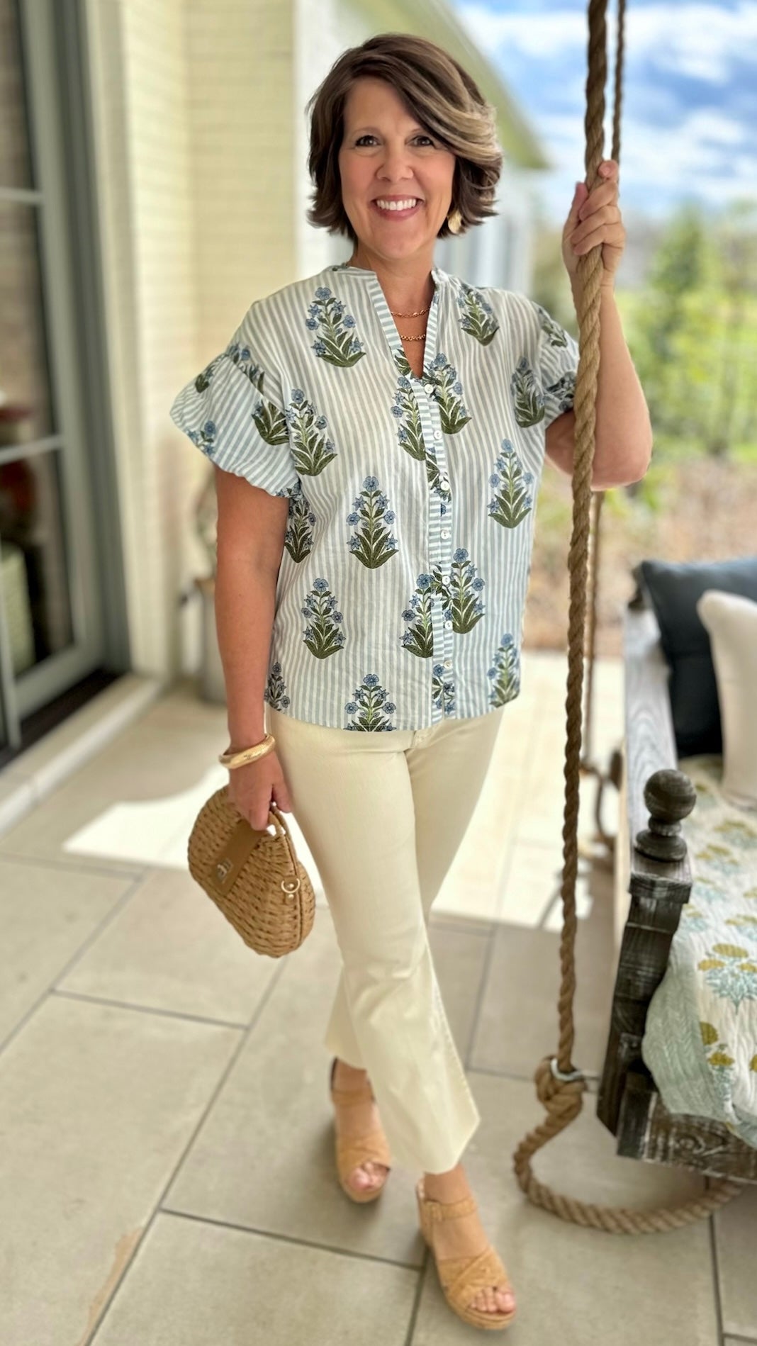 Ivy Jane Striped Block Print Top - Blue