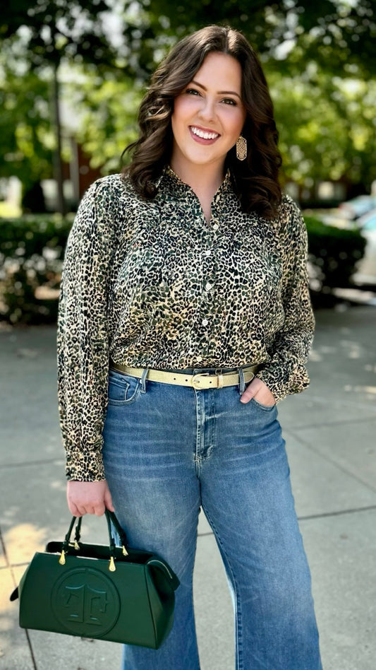 Wild Side Button Down Blouse - Hunter Green