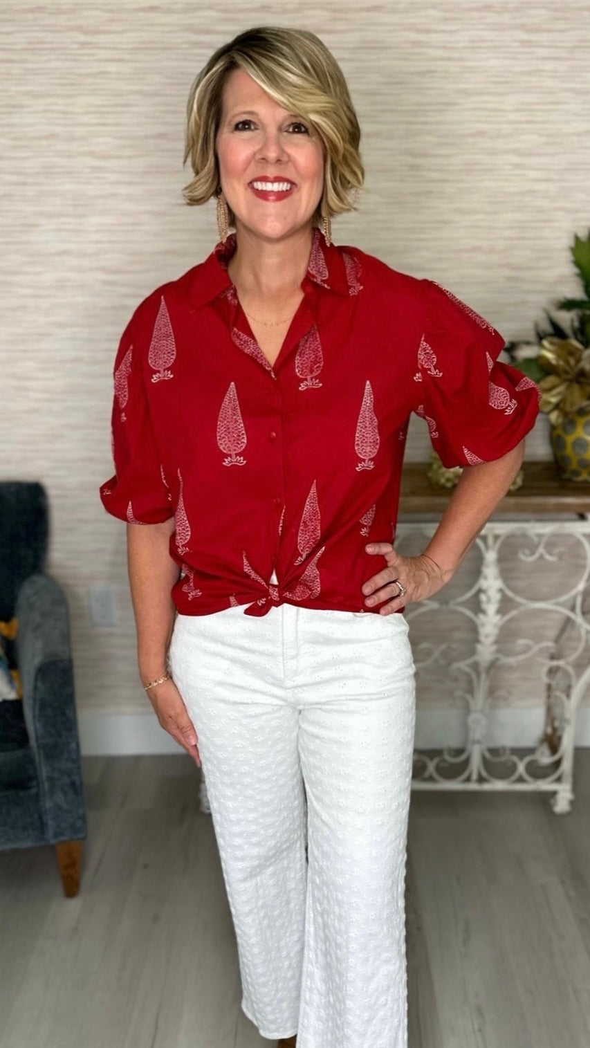 Stark X Puff Sleeve Button Up - Red / White Print
