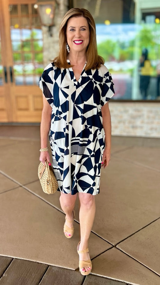 Simone Abstract Dress - Navy & Ivory