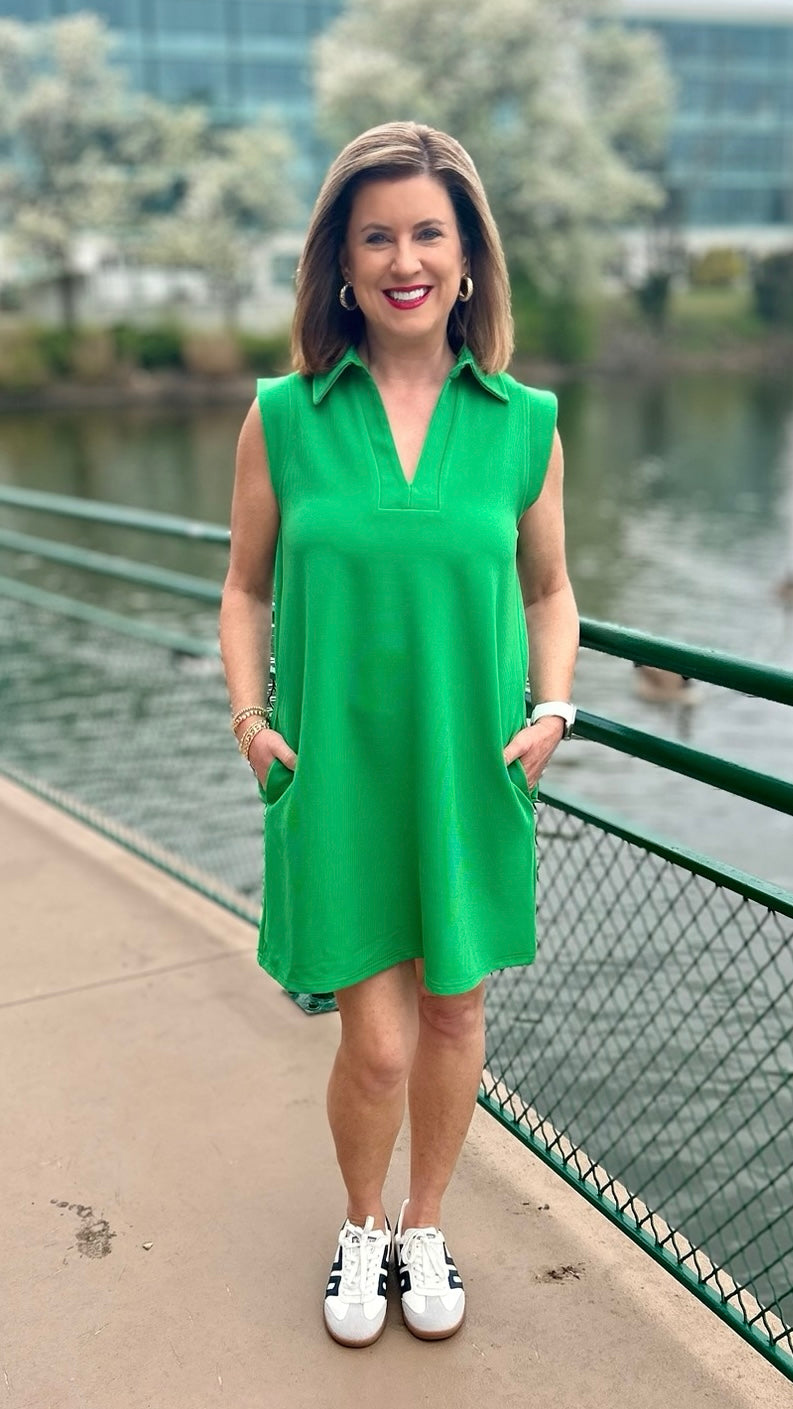 Lilian Ribbed Collared Dress - Kelly Green