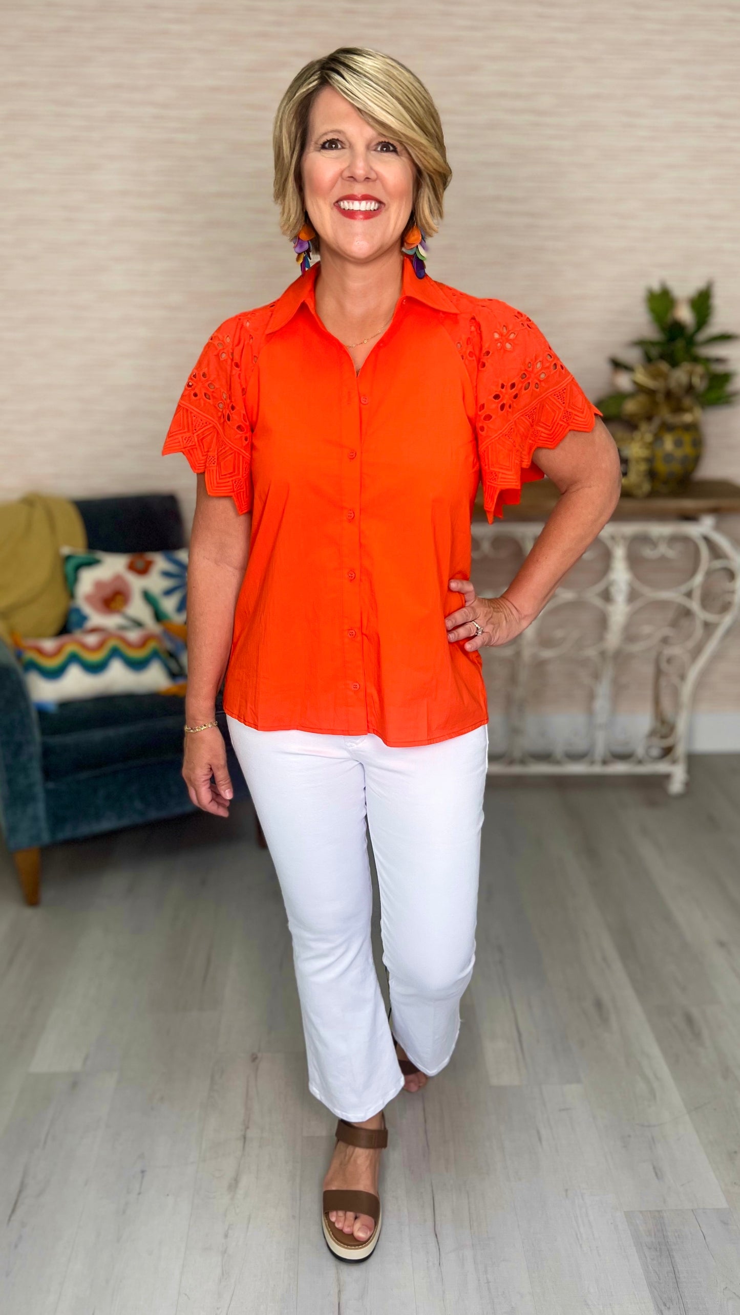 Red Orange Eyelet Sleeve Button-Up