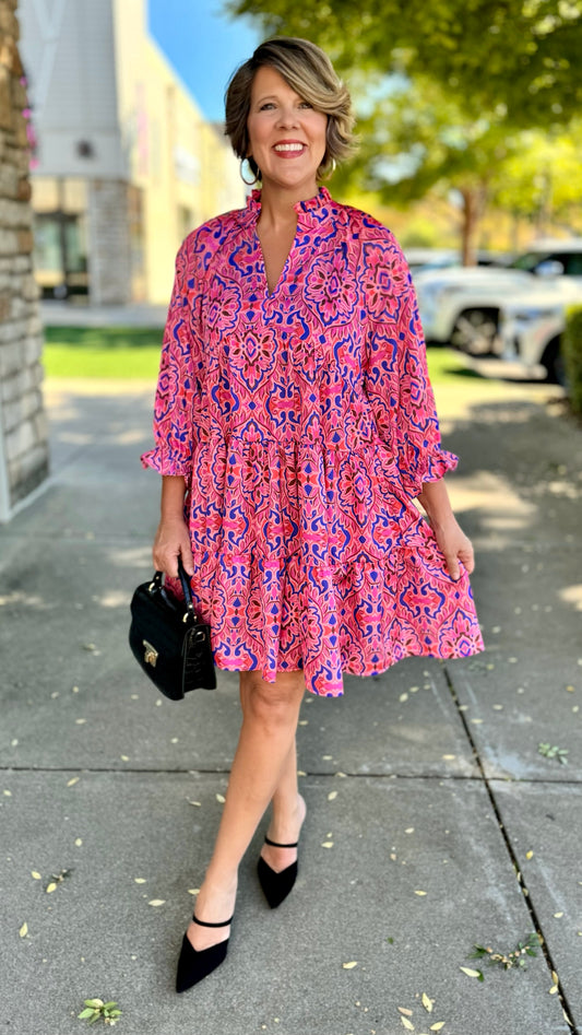 Ivy Jane Pink Silky Tile Tiered Dress