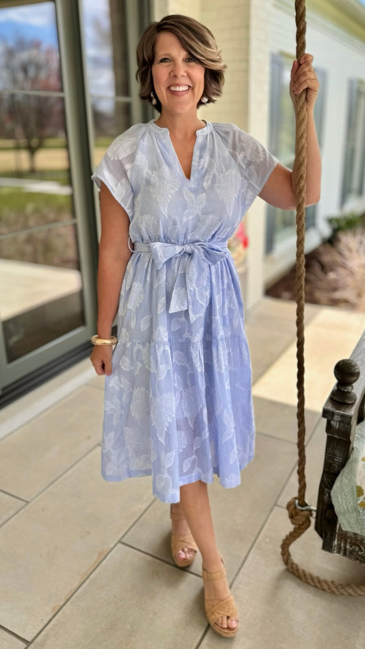 Lucy Floral Embroidery Midi Dress- Light Blue