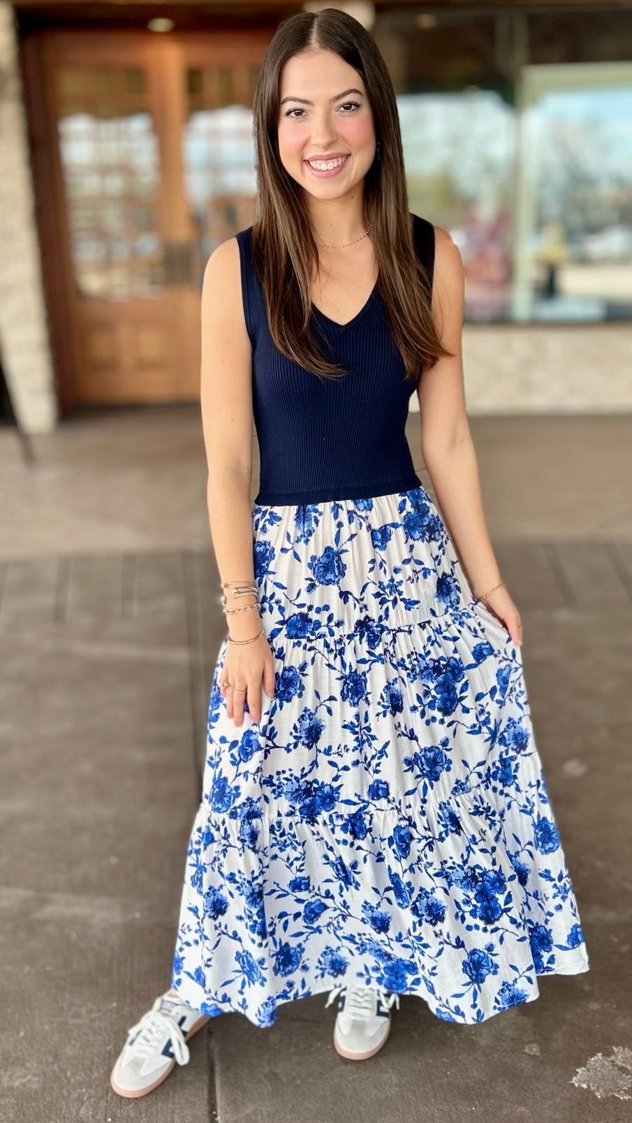 Floral Ikat Mixed Media Maxi Dress - Blue