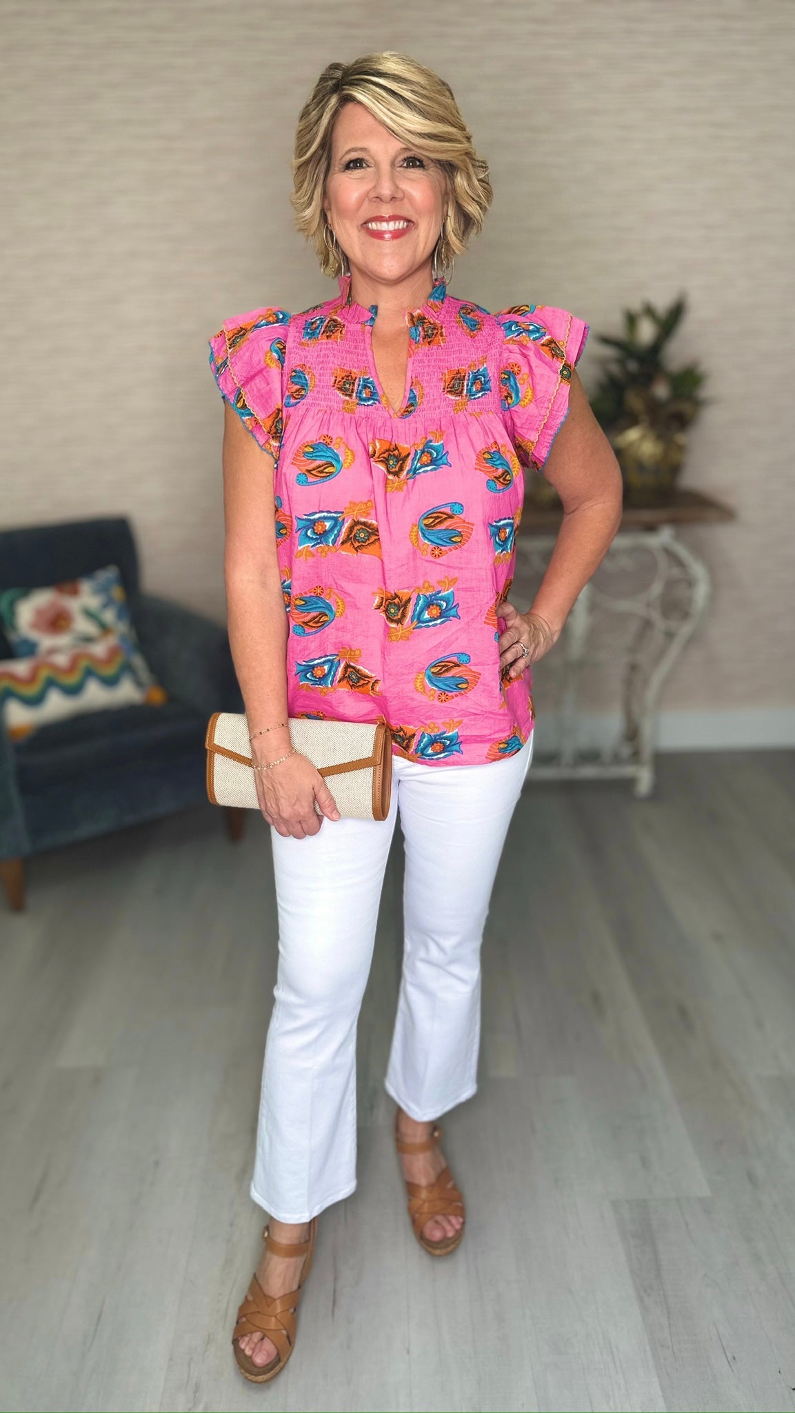 Ivy Jane Over Easy Smocked Yoke Blouse - Pink Paisley