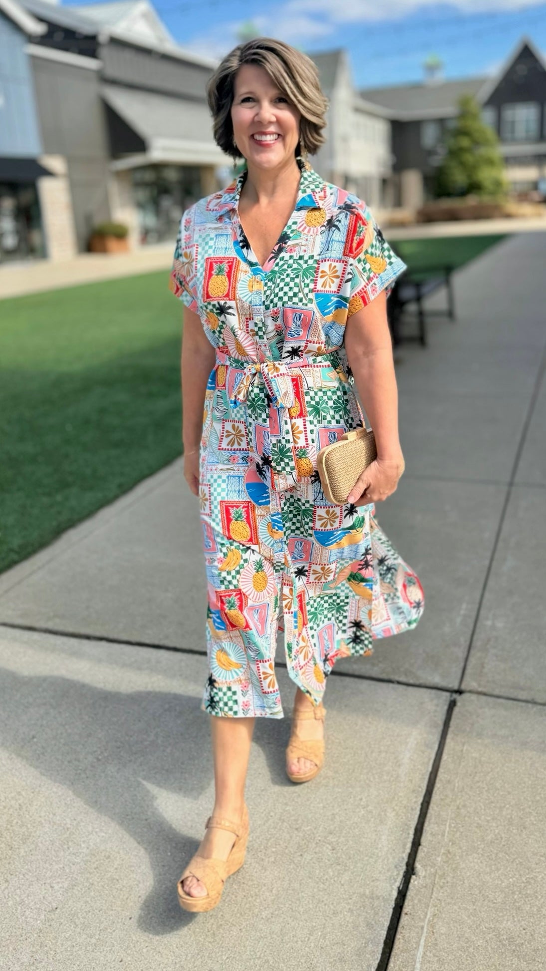 Beach Print Tie Shirt Dress - Multi