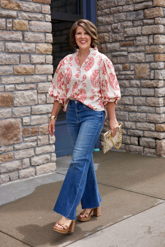 Daniella Button Up Blouse - Ivory & Coral
