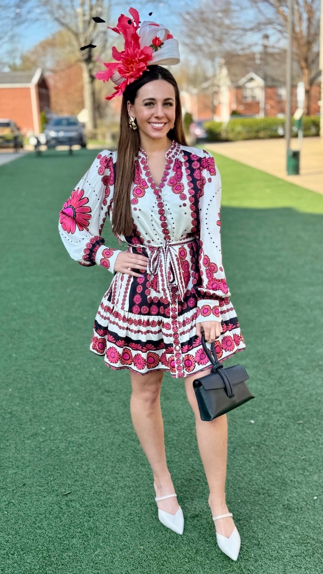 Daisy Pink Multi Mandarin Collar Belted Dress