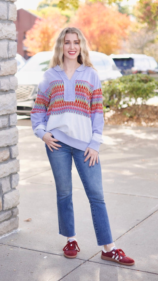 Crochet Mix Collared Sweater - Washed Blue