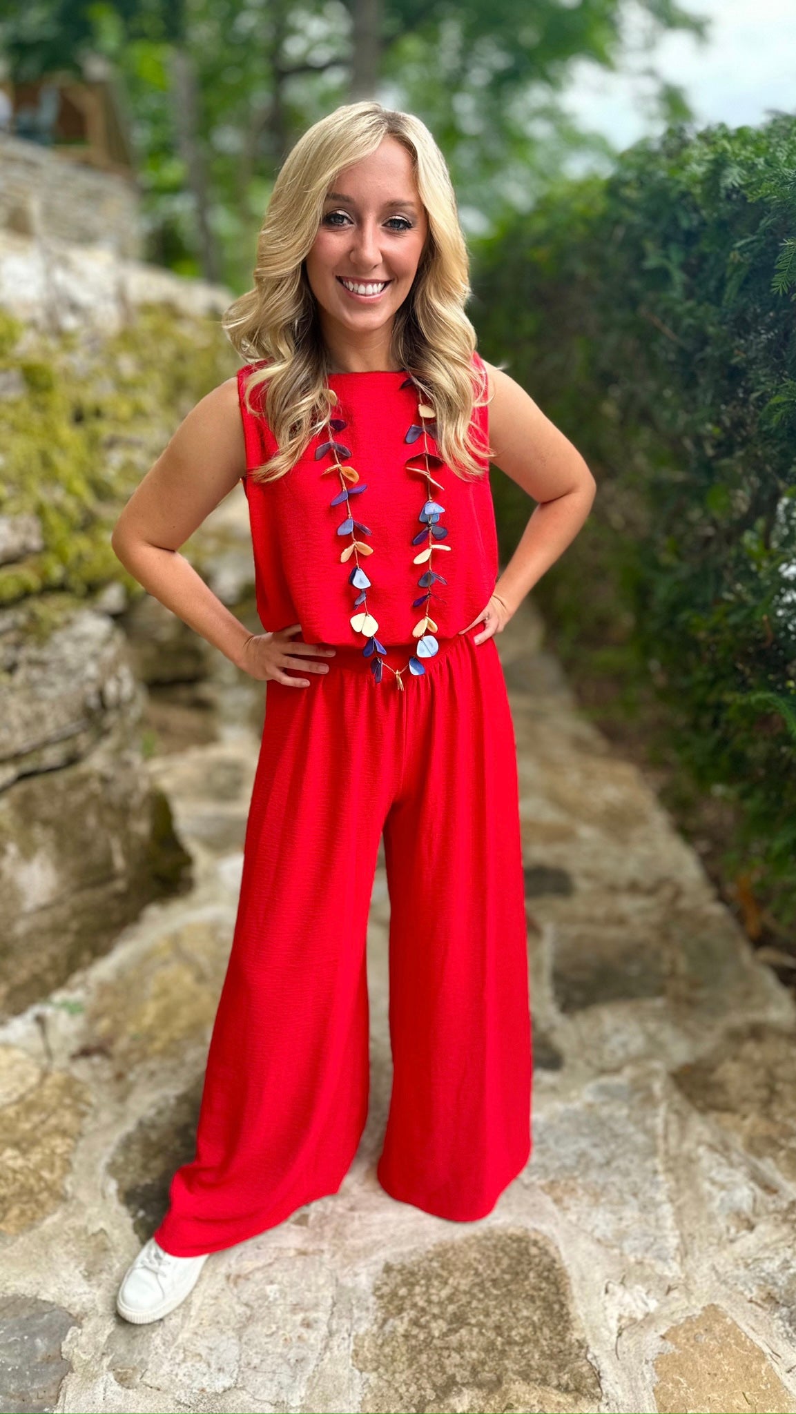 Red Crepe Wide Leg Pants