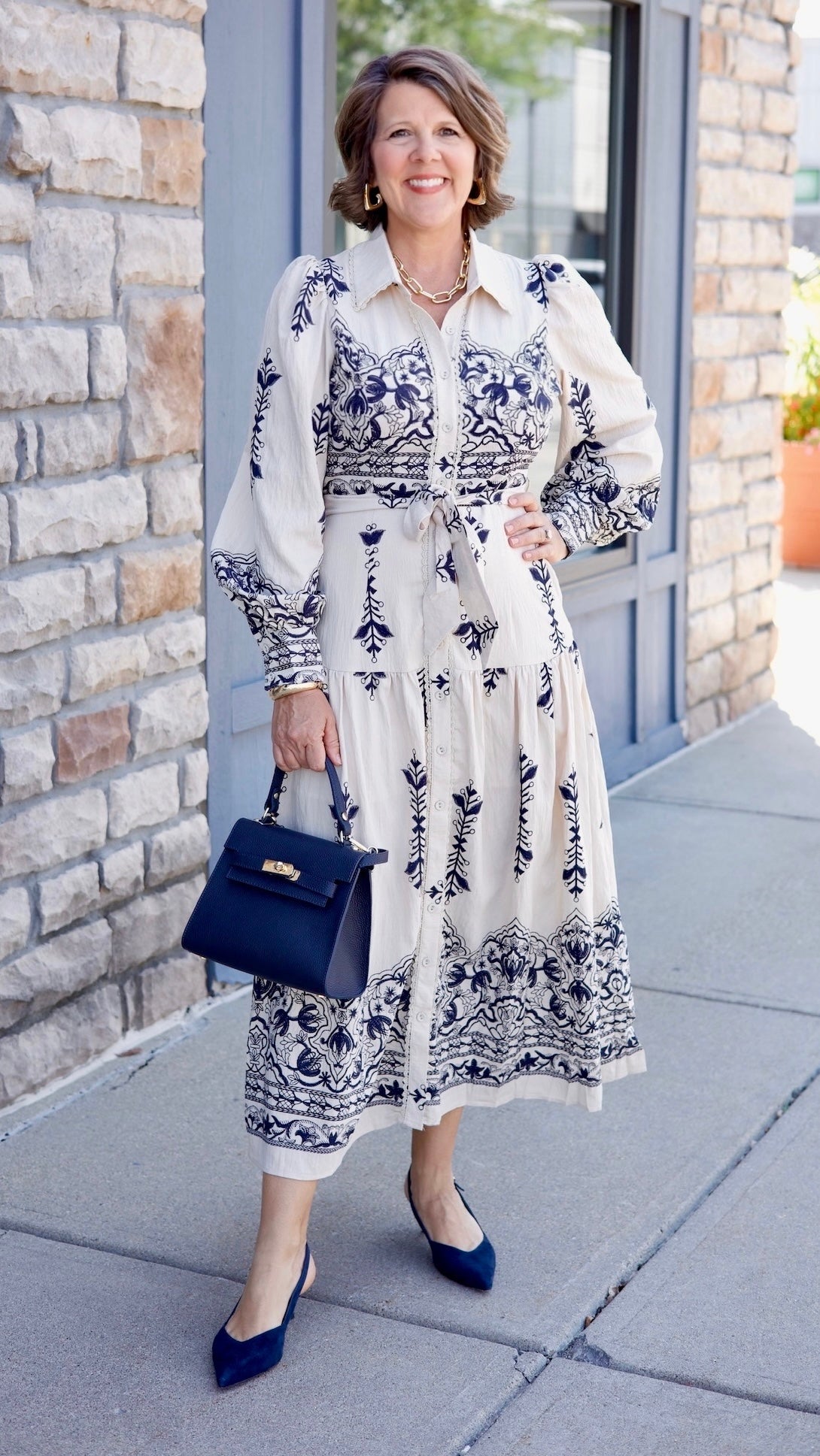 Talia Belted Midi Dress - Taupe / Navy