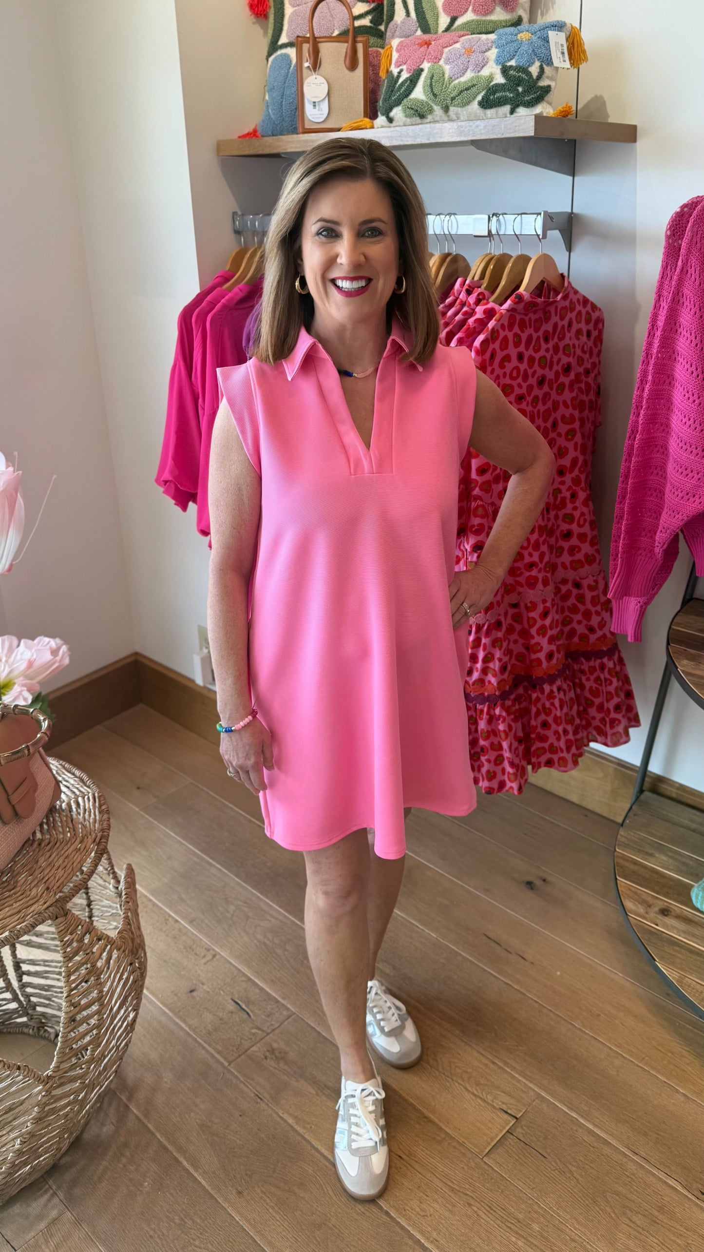 Lilian Ribbed Collard Dress - Pink