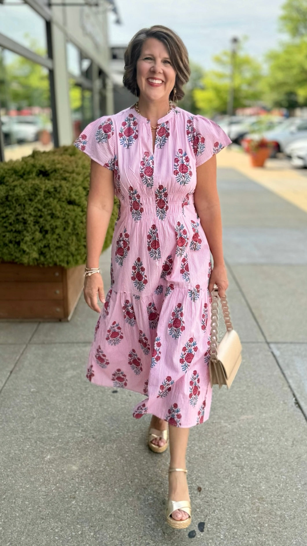 Ivy Jane Shirred Front Midi Dress - Pink Stripe