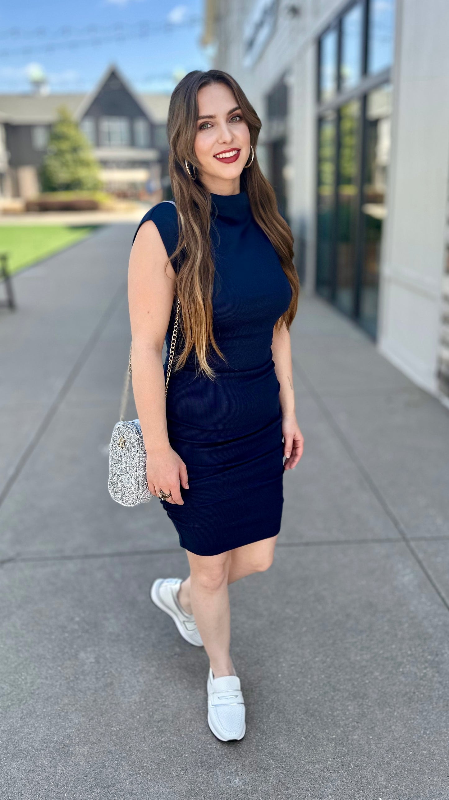 Michael Stars Gia Ribbed Power Shoulder Dress - Navy