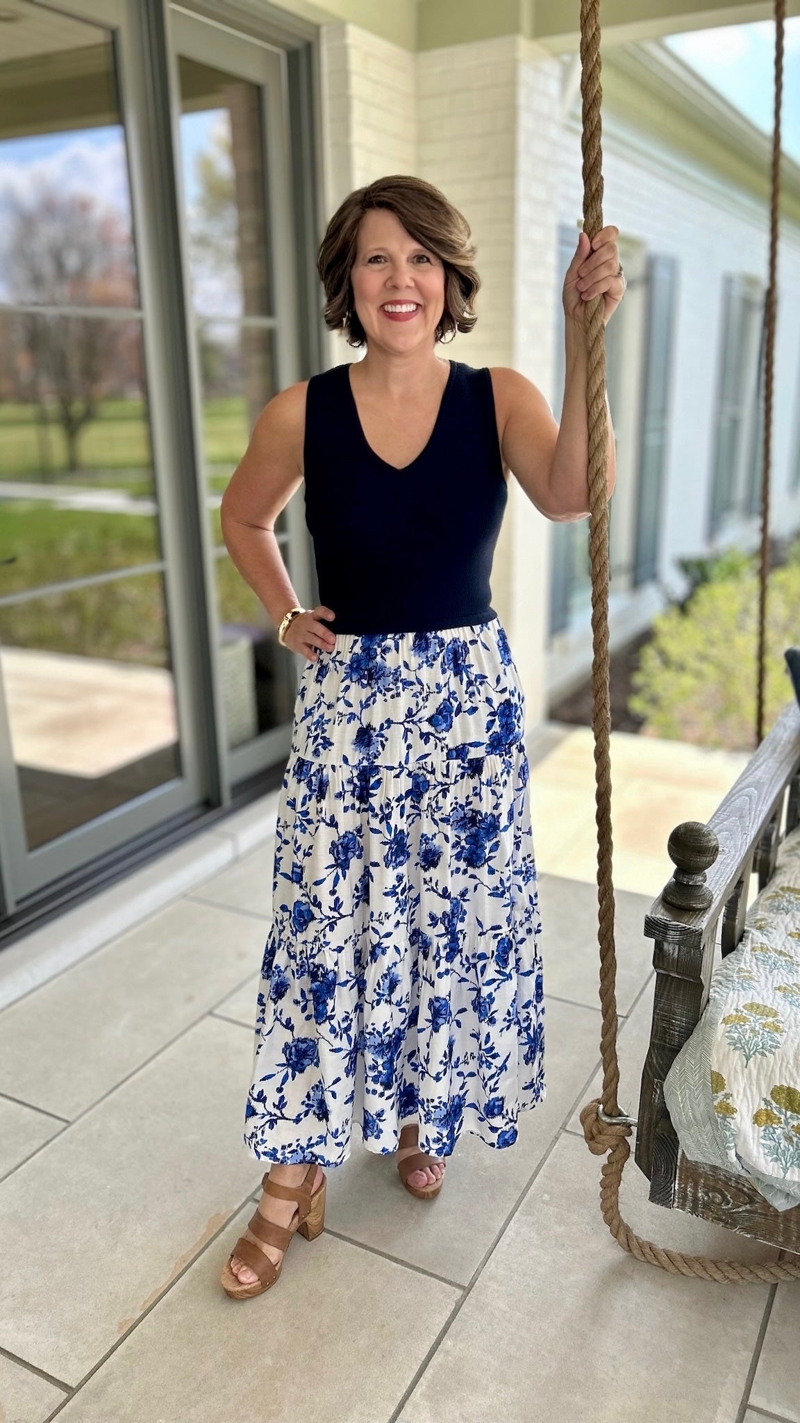 Floral Ikat Mixed Media Maxi Dress - Blue