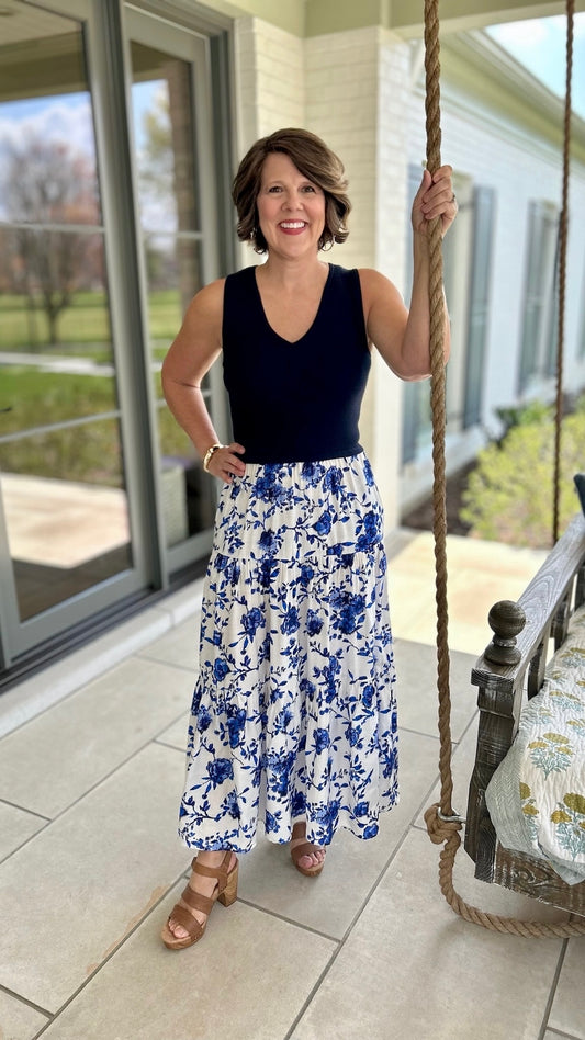 Floral Ikat Mixed Media Maxi Dress - Blue