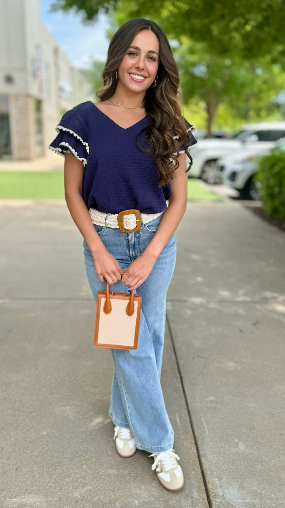 Evelyn Embroidered Ruffle Top - Navy