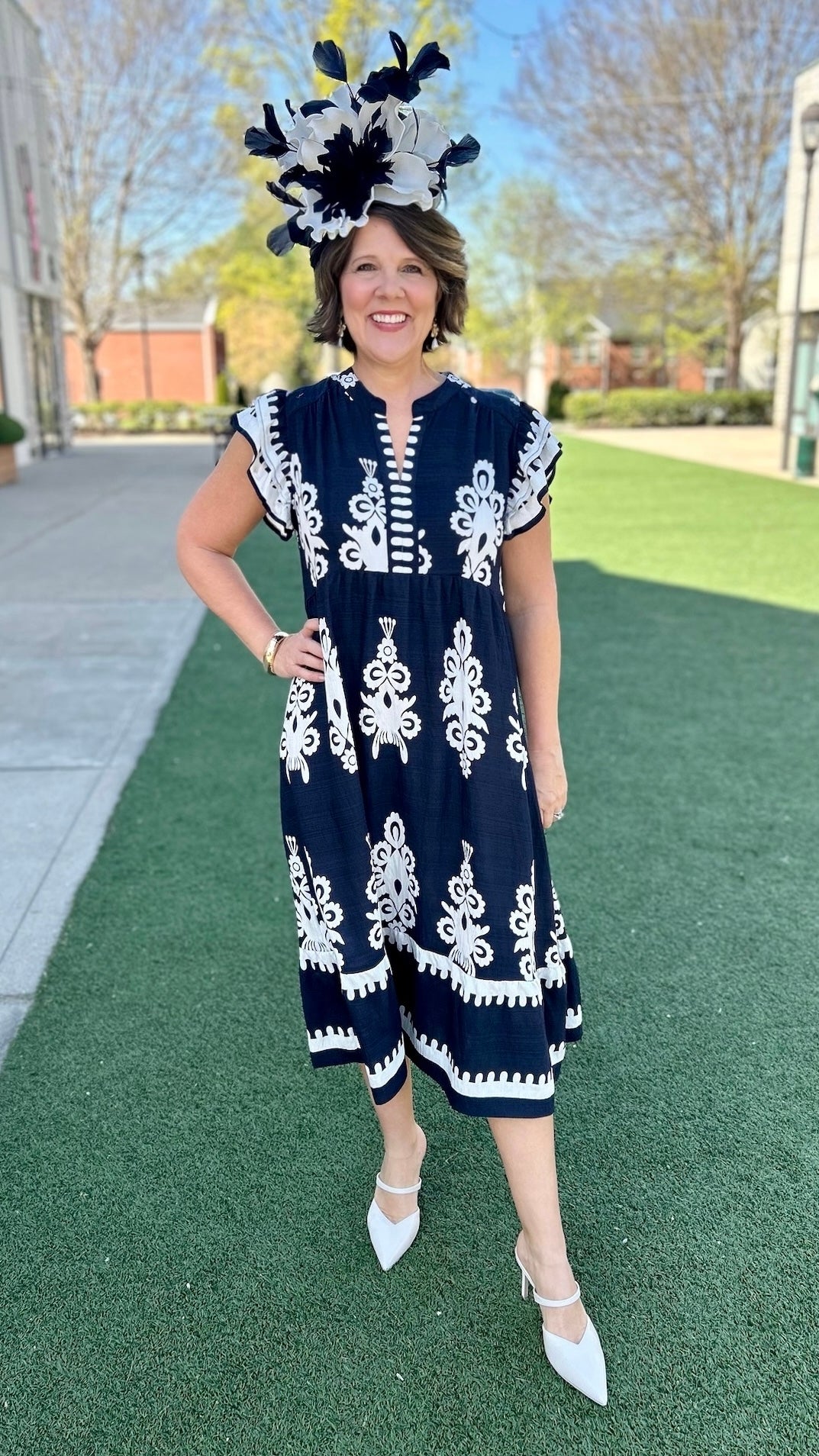 Ruffle Sleeve Midi Dress - Navy