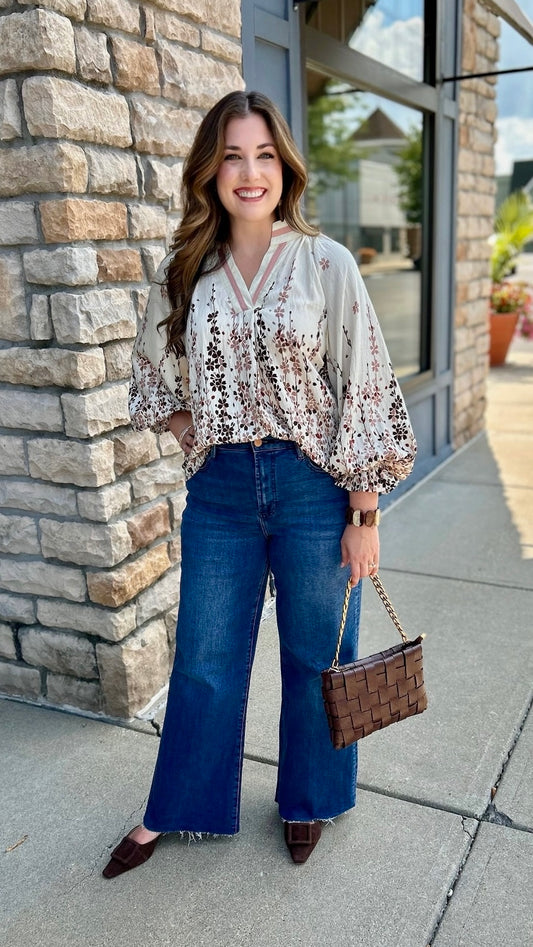 Maddie Floral Long Sleeve Top - Ecru