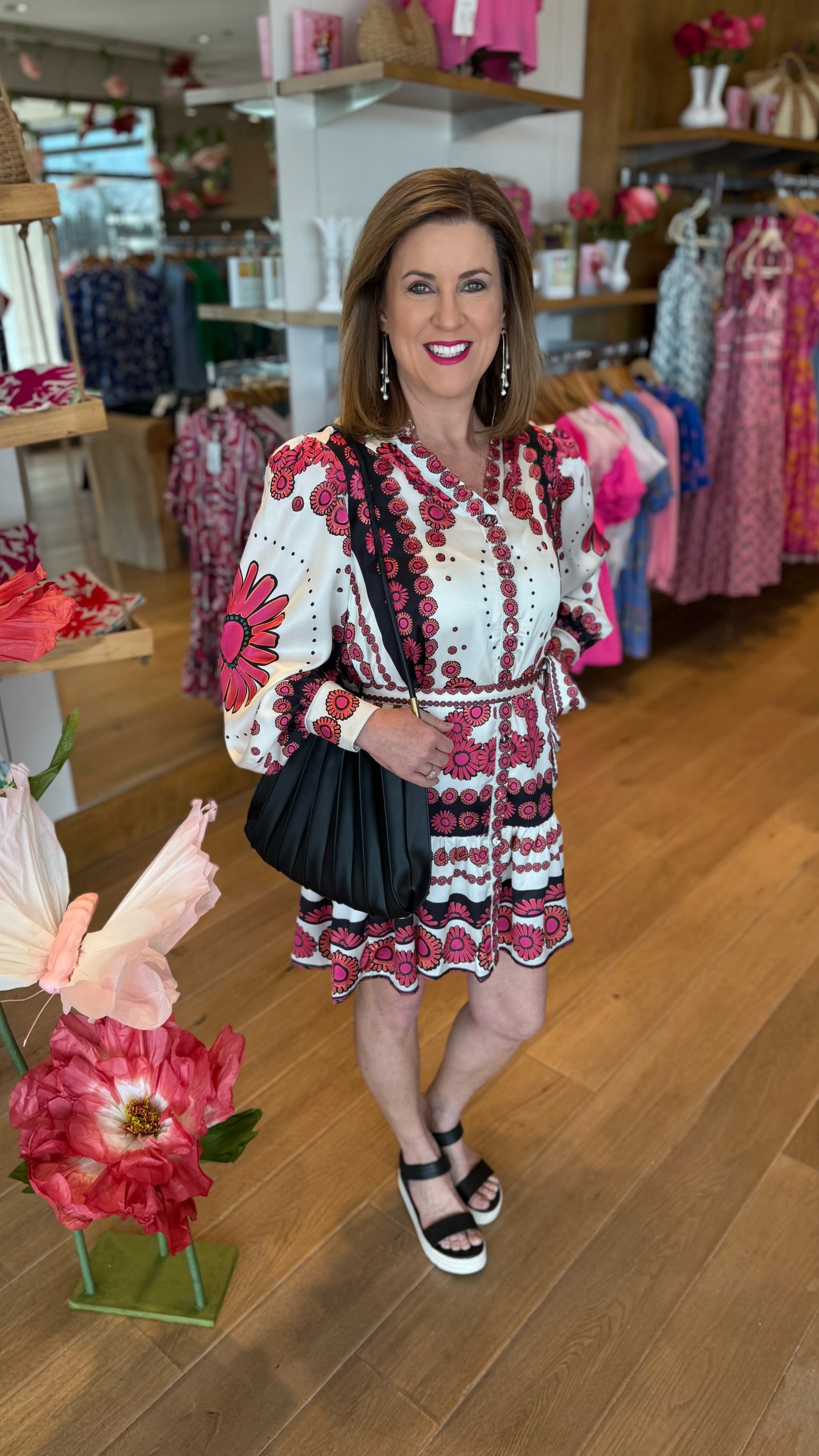 Daisy Pink Multi Mandarin Collar Belted Dress