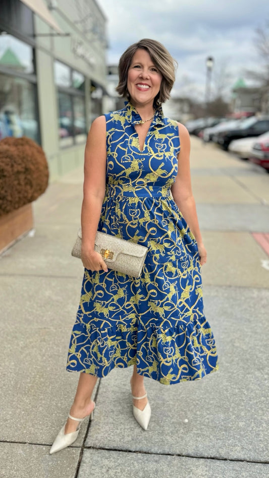 Tabi Ruffle Neck Midi Dress - Navy/Khaki