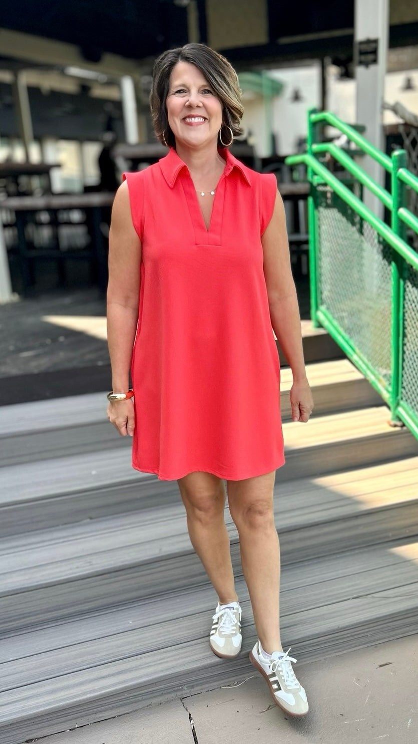 Lilian Ribbed Collared Dress - Orange